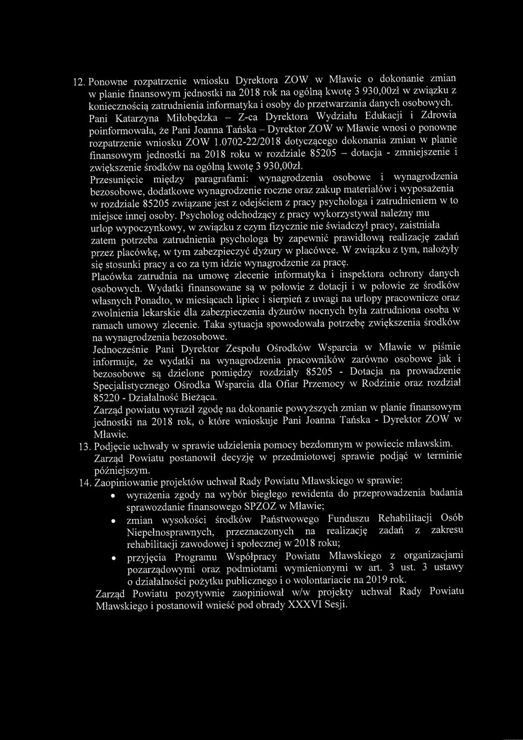 12. Ponowne rozpatrzenie wniosku Dyrektora ZOW w Mławie o dokonanie zmian w planie finansowym jednostki na 2018 rok na ogólną kwotę 3 930,00zł w związku z koniecznością zatrudnienia informatyka i