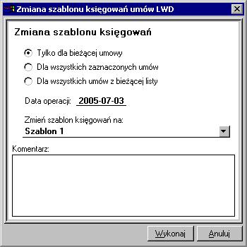 W celu dokonania zmian należy wybrać przycisk polecenia. Otwarte zostanie okno dialogu Zmiana szablonu księgowań umów LWD. Można w nim określić parametry operacji zmiany szablonu księgowań umów LWD.