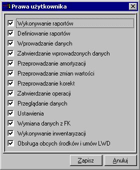 Przygotowanie programu do pracy 27 6. Wszystkie uprawnienia - użytkownik na tym poziomie ma dodatkową możliwość definiowania nowych raportów.