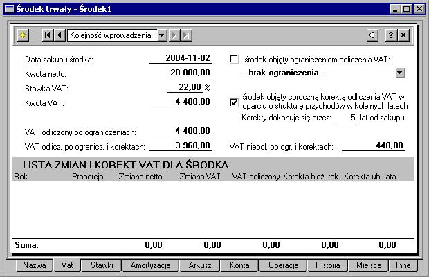 Panel Vat umożliwia określenie warunków odliczania i korekty podatku od towarów i usług w odniesieniu do opisywanego środka trwałego.