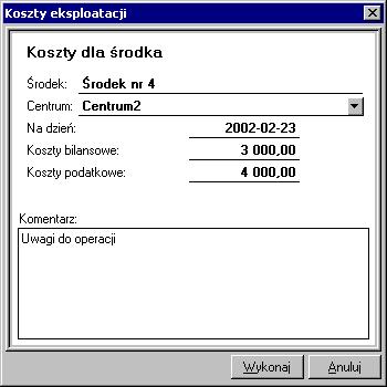 Wprowadzanie środka trwałego do ewidencji 75 Rys. 3-22 Dialog Koszty eksploatacji.