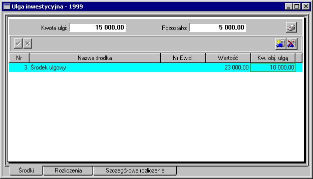 Operacje na środkach trwałych 83 Rys. 4-2 Okno Ulga inwestycyjna z panelem Środki. Kwota ulgi W tym polu widoczna jest globalna kwota ulgi dla wybranego roku.
