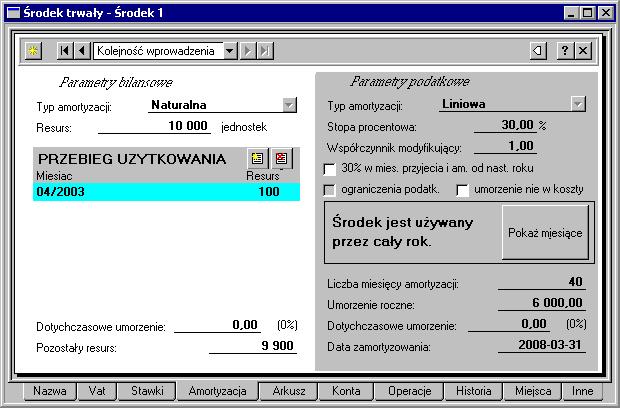 Operacje na środkach trwałych 89 Rys. 4-11 Panel Amortyzacja dla metody naturalnej. W nagłówku tabeli PRZEBIEG UŻYTKOWANIA należy wybrać przycisk polecenia.