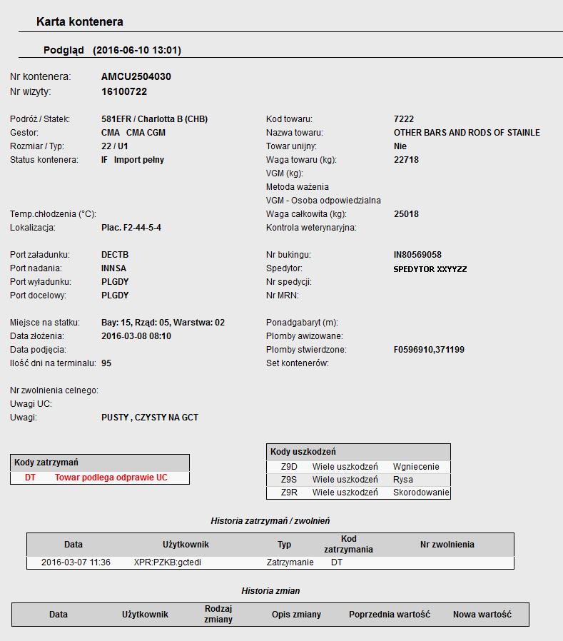 Aby obejrzeć karty kontenera starsze niż 30 dni należy użyć opcji Terminalowy system informacyjny.