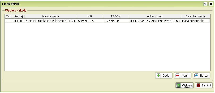 Po wybraniu przycisku wyboru szkoły pojawi się nowe okno z listą wprowadzonych szkół. Określoną szkołę należy podświetlić a następnie wybrać przycisk Wybierz.