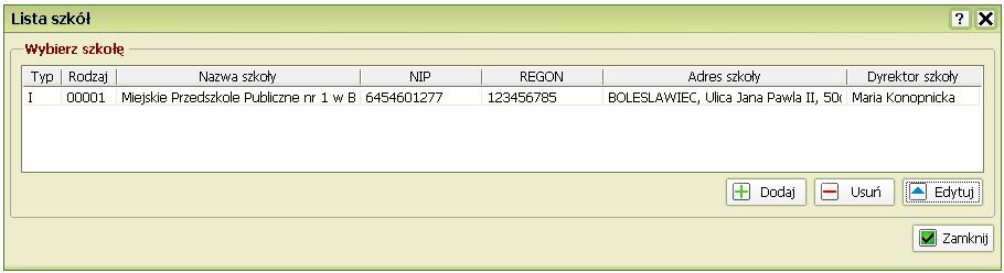 zabiegów przez pielęgniarki czy położne. Lista szkół Po wybraniu przycisku Lista szkół z menu głównego mamy możliwość dodawania nowej pozycji, edytowania oraz usunięcia już istniejącej.