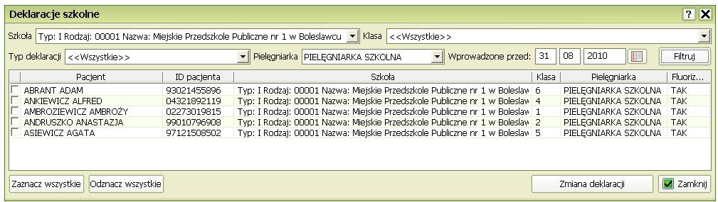 Deklaracje do pielęgniarki szkolnej zmiany, wyszukiwanie danych Panel pielęgniarki szkolnej umożliwia wyszukiwanie uczniów z różnych szkół, klas, typów deklaracji personelu, do którego złożona jest