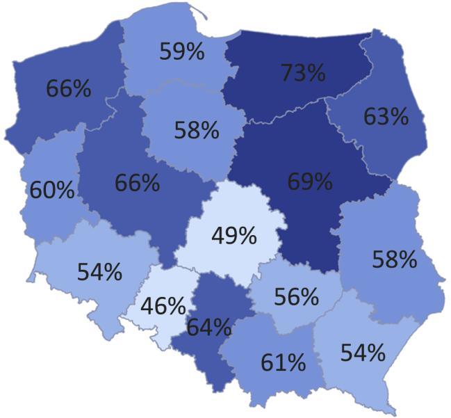 Na Dolnym Śląsku odsetek ten wynosi 51%. Mapa nr 3. Odsetek korzystających ze wsparcia wolontariuszy (niebędących członkami organizacji) w 2015 r.