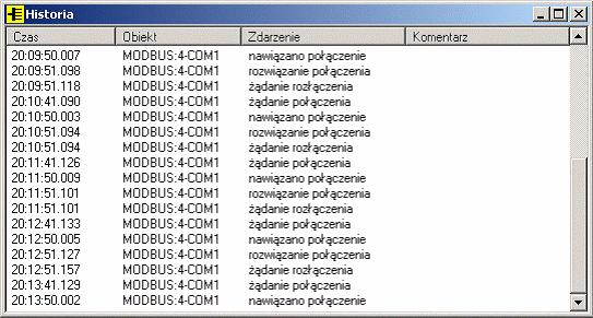 Interfejs użytkownika dokumentacja AsComm 2.4. Okno historii Okno zawiera listę istotnych zdarzeń w pracy programu AsComm.