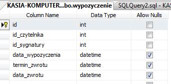 Uruchamianie skryptów Use Biblioteka INSERT INTO Wypozyczenie (id_czytelnika,id_sygnatury,data_wypozyczenia,termin_zwrotu,data_zwrotu) VALUES (1,10,'2017-10-01','2017-10-15','2017-10-12') INSERT INTO