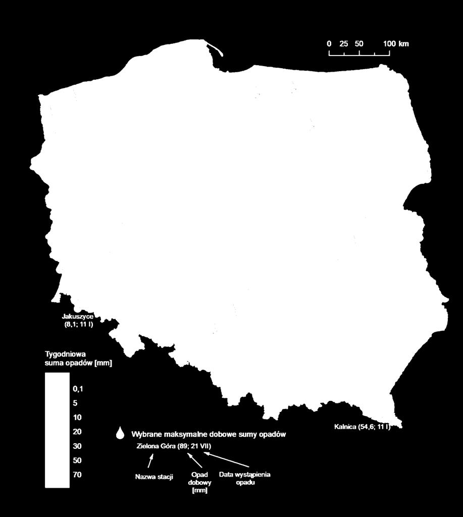 3. Rozkład tygodniowej sumy opadów oraz wybrane maksymalne dobowe