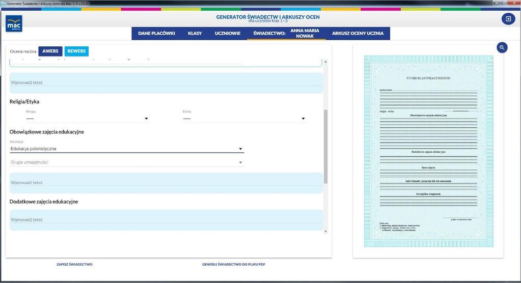 Po sprawdzeniu poprawności danych można rozpocząć wypełnianie drugiej strony świadectwa.