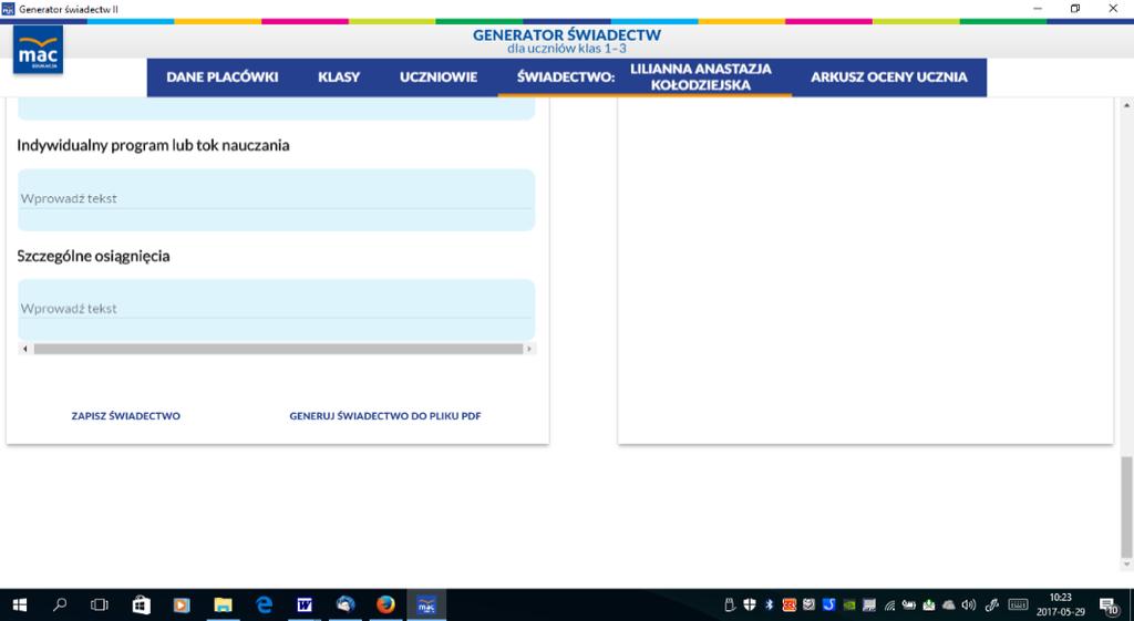 Po wypełnieniu świadectwa należy je zapisać. Przycisk ZAPISZ ŚWIADECTWO znajduje się na końcu widocznej na ekranie strony.