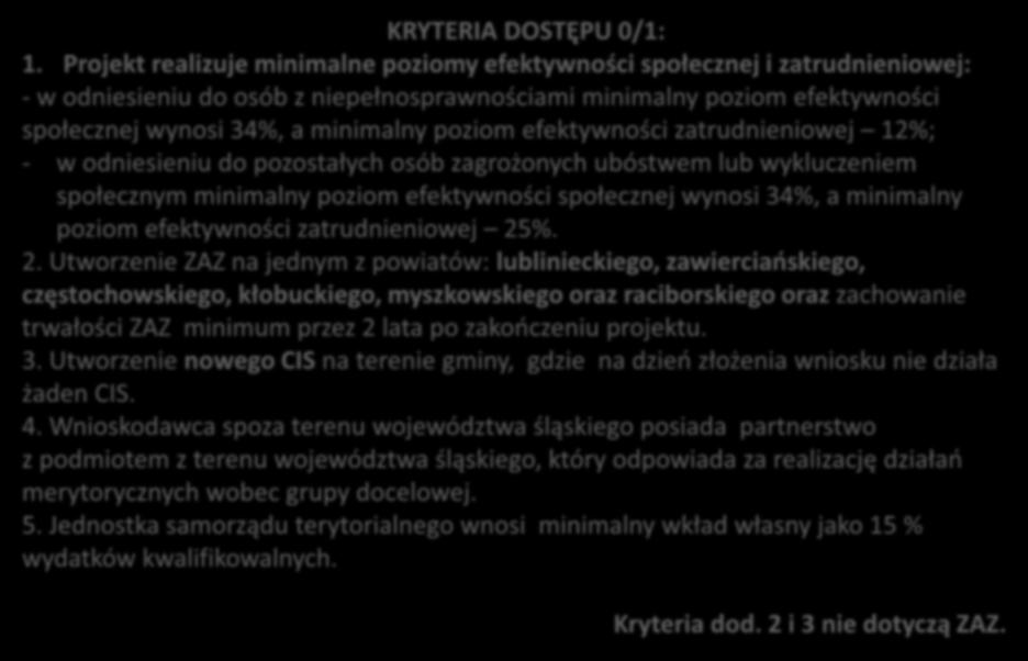 Warunki dostępu dla konkursu KRYTERIA DOSTĘPU 0/1: 1.