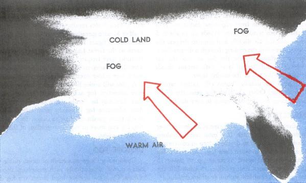 Mgły radiacyjno-adwekcyjne Tworzą się w sytuacji gdy ciepłe masy powietrza znad oceanu zimą transportowane są nad wychłodzony ląd.