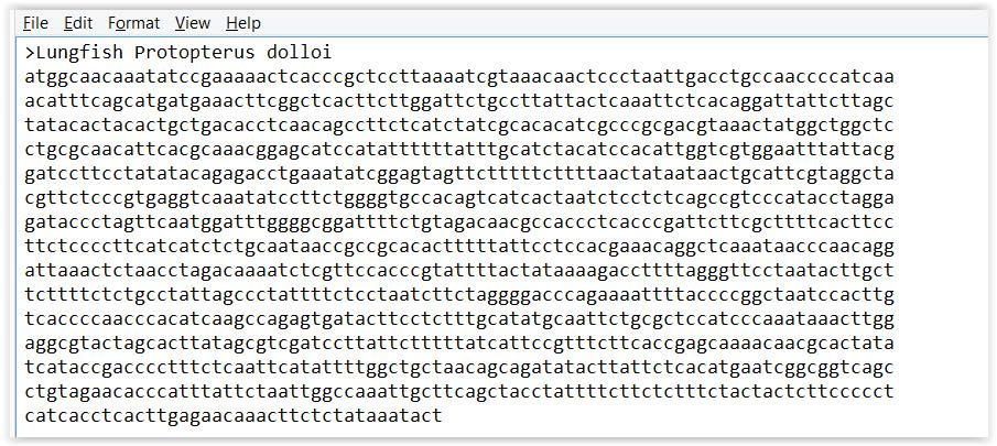 Wykorzystajmy plik CytBDNA.txt jako bazę. Wyszukiwać będziemy sekwencję Lungfish Protopterus dolloi. Skopiuj ją do osobnego pliku fasta 