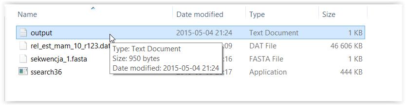 W katalogu bioinf pojawi się plik output.txt. Okazuje się jednak, że program nie znalazł żadnej sekwencji w naszym pliku z bazą.