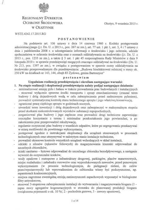 12.Decyzja RDOŚ w Olsztynie o uzgodnieniu budowy bioelektrowni w