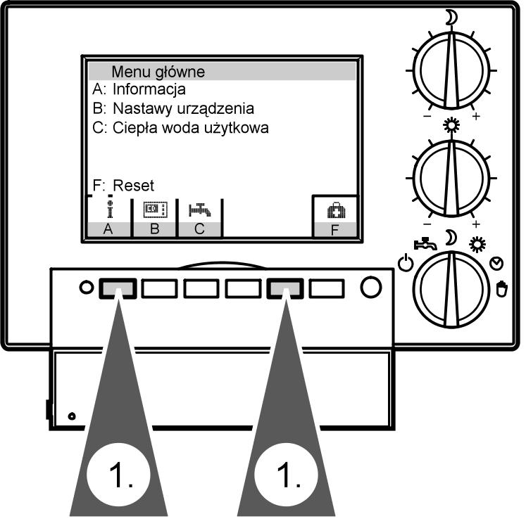 Wybór schematu instalacji Pierwsze uruchomienie, przegląd, konserwacja Kolejne kroki w czynnościach roboczych (ciąg dalszy) 1. Równocześnie i krótko nacisnąć zaznaczone na rysunku przyciski.