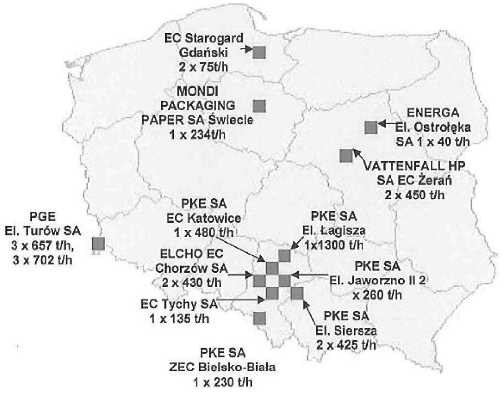 BADANIA WŁAŚCIWOŚCI FIZYKOCHEMICZNYCH POPIOŁÓW... 21 Ryc. 8. Rozmieszczenie elektrowni i elektrociepłowni wyposażonych w kotły fluidalne [9] 4.