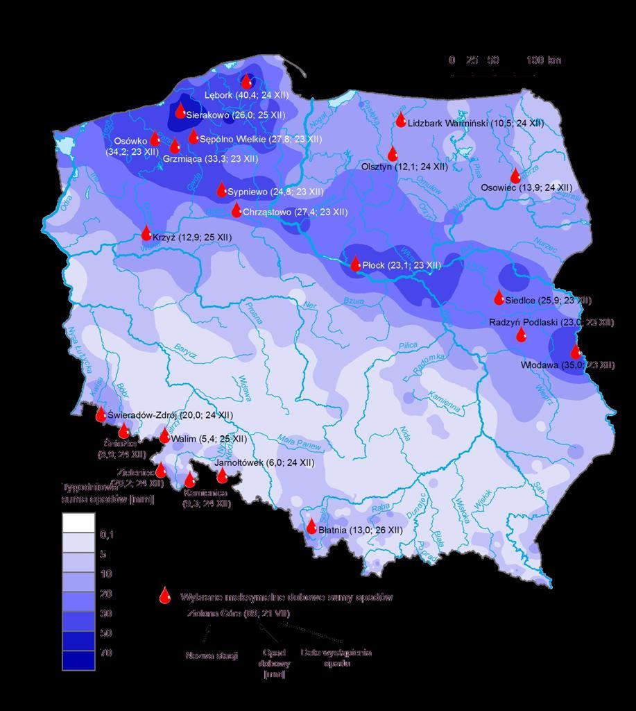 3. Rozkład tygodniowej sumy opadów oraz wybrane maksymalne