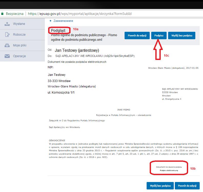 System wyświetla podgląd (10a) przygotowanego pisma, ale jeszcze nie podpisanego (10b).