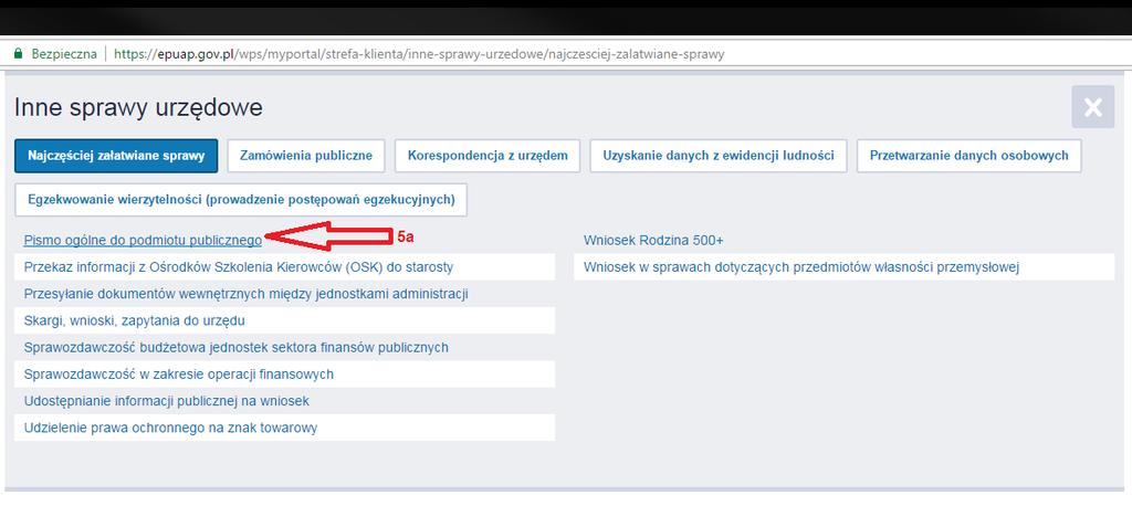 (4b) W następnym kroku system epuap wyświetla szczegółowo sekcję Inne sprawy urzędowe, w której