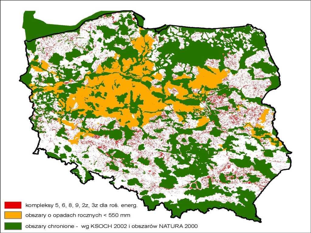 Gleby dopuszczone do lokalizacji wieloletnich roślin energetycznych (kolor czerwony)