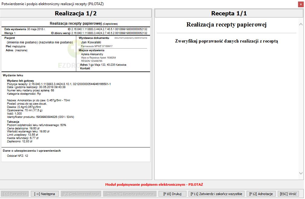 Po lewej stronie okna Potwierdzenie realizacji recepty zawarte są wszystkie informacje niezbędne z punktu widzenia prawa, dla Ciebie najistotniejsze informacje to te odnośnie wydanego leku i taksacji.