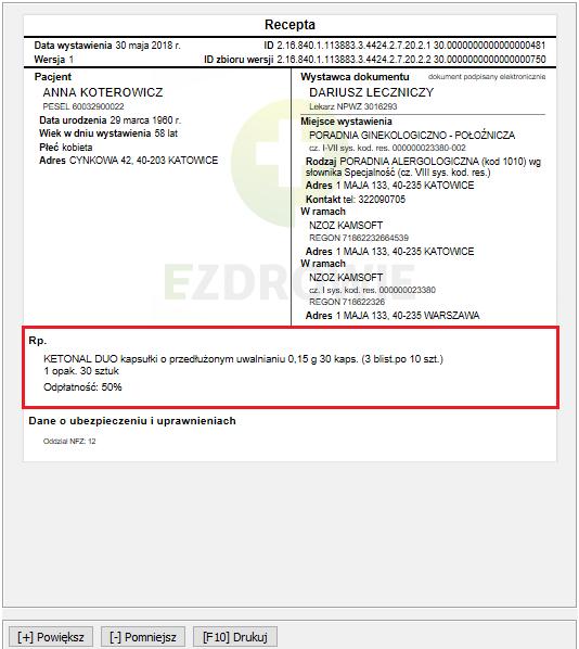 Obsługa e-recepty w systemie Rysunek 19 E-recepta - dane świadczeniodawcy i pracownika medycznego Kolejną sekcją recepty są dane świadczeniodawcy i pracownika medycznego.