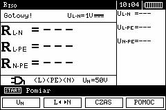 3.7.3 Pomiary przewodami z wtykiem UNI-Schuko (WS-03 i WS-04) Przełącznik obrotowy wyboru funkcji ustawić na pozycji RISO. Podłączyć przewód WS-03 lub WS- 04 z wtyczką sieciową UNI-Schuko.