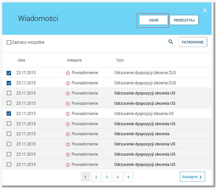 Wybranie przycisku [USUŃ] dla przeczytanego komunikatu/powiadomienia powoduje jego usunięcie z listy wiadomości/powiadomień systemowych (następuje odświeżenie widoku listy wiadomości, na którym nie