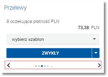 liczbę oczekujących płatności dla waluty, łączną kwotę płatności dla waluty, [Wykonaj z szablonu] - przycisk do zlecenia przelewów zdefiniowanych w szablonach, [ZWYKŁY] - przycisk do zlecenia nowego