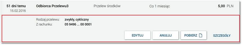 Z poziomu miniaplikacji Przelewy użytkownik ma możliwość utworzenia nowego szablonu przelewu oraz przejścia na formatkę prezentującą listę szablonów przelewów.