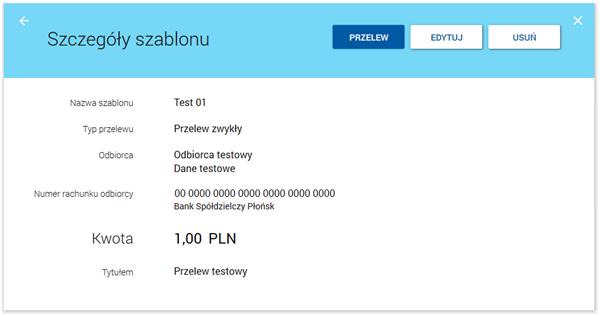 Dla każdego szablonu płatności dostępne są następujące informacje: nazwa własna szablonu, dane odbiorcy, kwota płatności wraz z walutą.