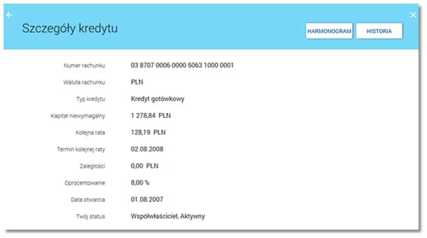 Zaległości kwota zaległości w spłacie, Harmonogram spłat lista 3 najbliższych rat kredytu, Ostatnie operacje lista 3 ostatnich operacji (o ile są dostępne) dokonanych na rachunku kredytu.