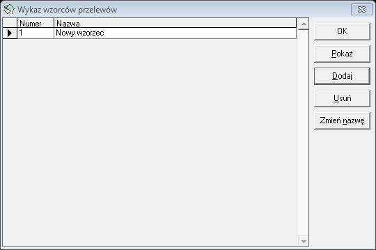 Opis funkcji okna: Pokaż przycisk umożliwia wgląd w przelewy wybranego wzorca, modyfikację danych wzorca oraz przesyłanie przelewów wzorca do