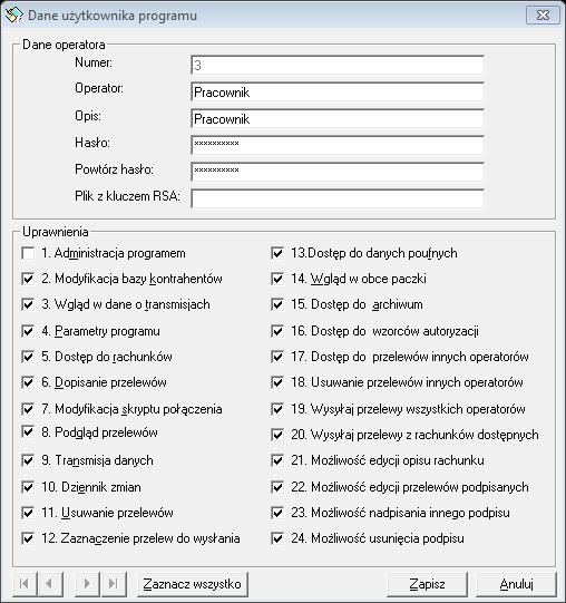 7.6. Operatorzy programu ADMINISTRACJA OPERATORZY PROGRAMU Podczas pierwszego uruchomienia programu jedynym zdefiniowanym operatorem jest Nadzorca, hasło 1 *****.