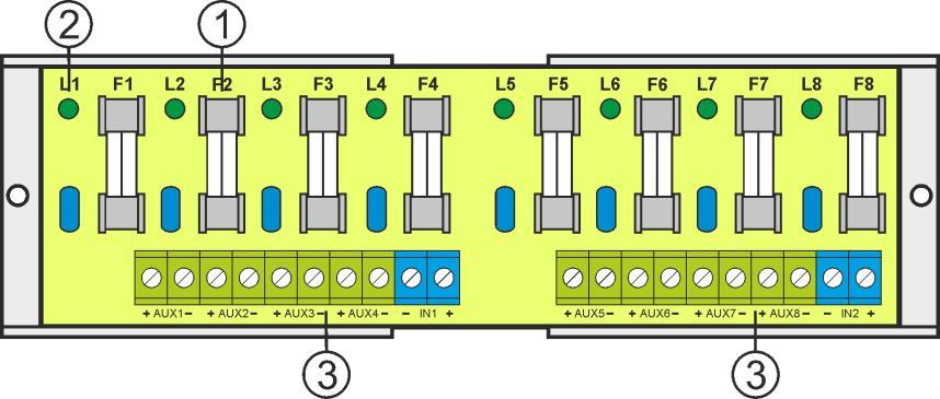 1.2. Schemat blokowy (rys.1). 1.3. Opis elementów zasilacza Rys.1. Schemat blokowy zasilacza. Tabela 1. Opis elementów i złącz modułu bezpiecznikowego LB8 Element nr Opis [Rys.