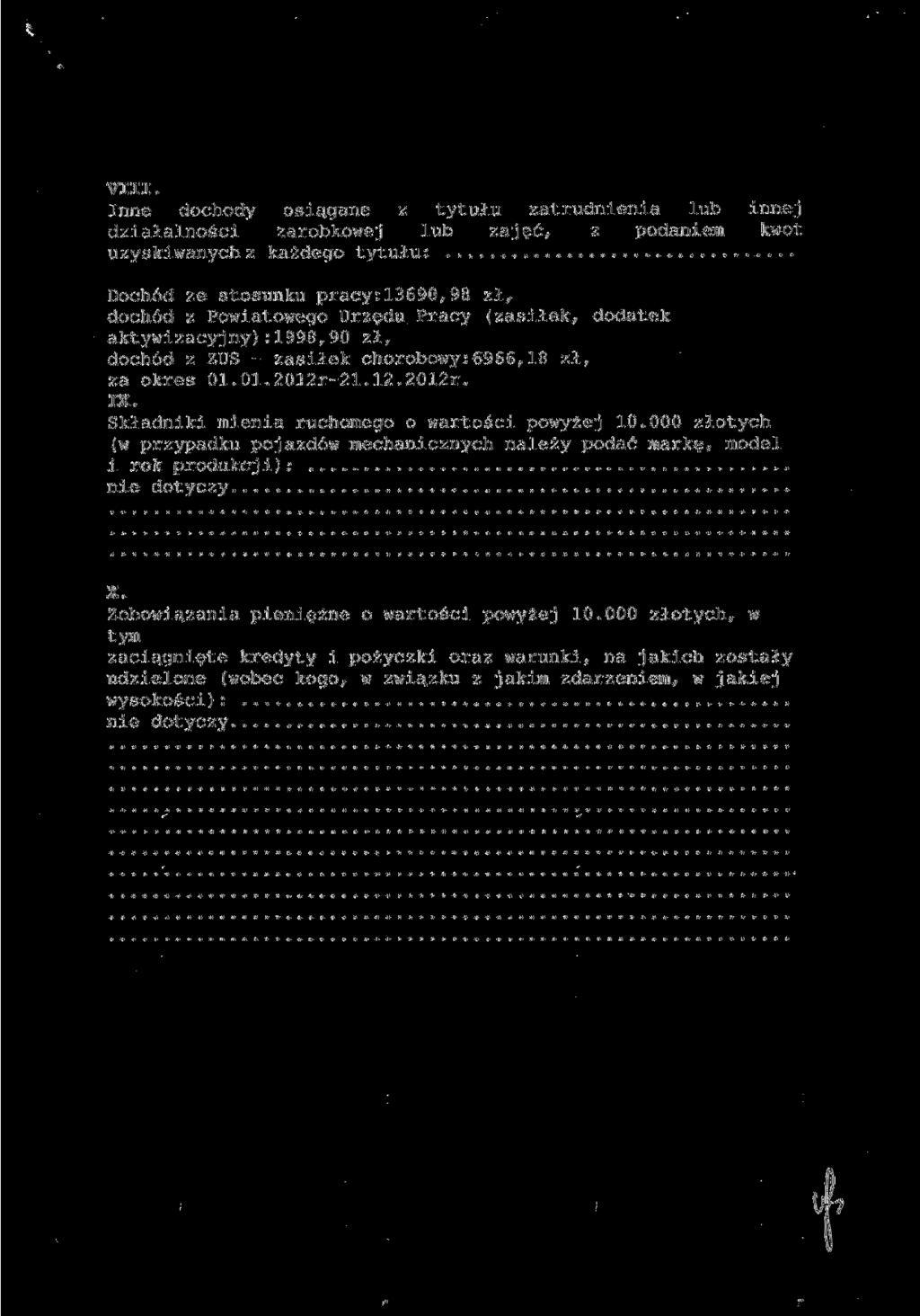 VIII. Inne dochody osiągane z tytułu zatrudnienia lub innej działalności zarobkowej lub zajęć, z podaniem kwot uzyskiwanych z każdego tytułu: Dochód ze stosunku pracy:13690,98 zł, dochód z