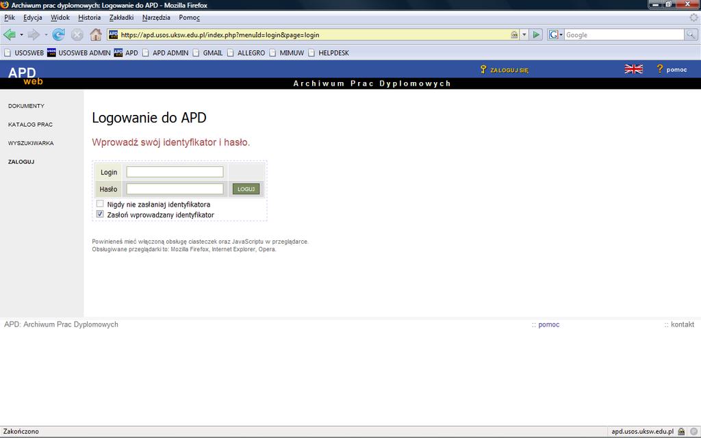 Ukaże nam się strona logowania do systemu APD, podajemy swój identyfikator
