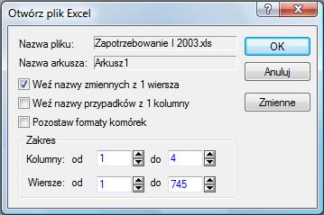 pojawi się okno Otwórz plik Excel (Rys. 9). Znajduje się w nim informacja o zakresie importowanych danych.