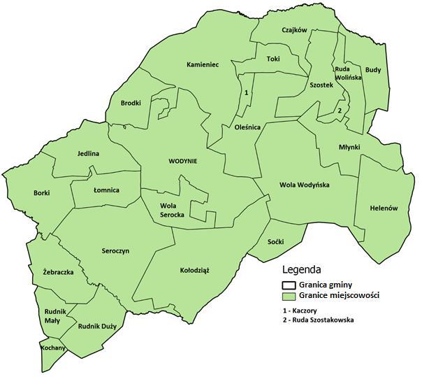Poniższa mapa przedstawia jednostki administracyjne gminy Wodynie. Rysunek 1. Jednostki administracyjne gminy Wodynie.