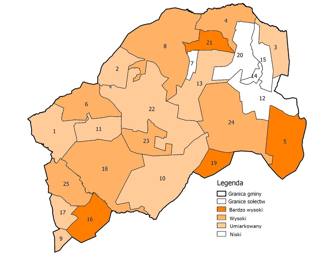 Załączona w dalszej kolejności mapa prezentuje rozkład przestrzenny wielkości wskaźnika syntetycznego dla sytuacji społecznej w gminie, wskazując tym samym obszary najbardziej problemowe w tym