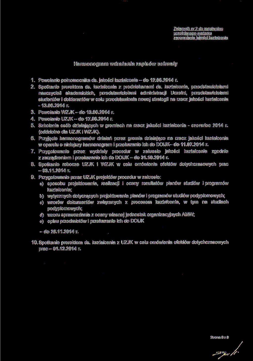 Załącznik nr 2 do regulaminu uczelnianego systemu zapewniania jakości kształcenia Harmonogram wdrażania zapisów uchwały 1. Powołanie pełnomocnika ds. jakości kształcenia - do 12.06.2014 r. 2. Spotkanie prorektora ds.