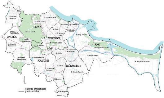 3. PODZIAŁ MIASTA NA JEDNOSTKI URBANIZACYJNE I ADMINISTRACYJNE Na terenie miasta Gdańska obowiązują dwa podziały terytorialne: i. podział urbanistyczny (6 dzielnic i 28 jednostek urbanistycznych), ii.