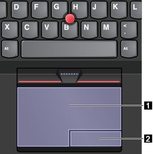 Trackpad można podzielić na dwie strefy: 1 Strefa lewego kliknięcia (strefa podstawowego kliknięcia) 2 Strefa prawego kliknięcia (strefa uzupełniającego kliknięcia) Aby korzystać z trackpada,
