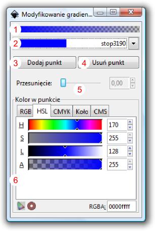 Rys. 29 Okno dialogowe modyfikacji gradientów w Inkscap-ie: 1. podgląd gradientu; 2. lista wyboru punktów dodanych do gradientu; 3.