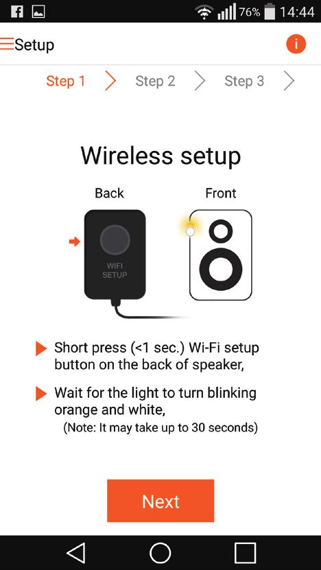 3 Zapoznaj się z instrukcjami dotyczącymi konfiguracji sieci Wi-Fi zamieszczonymi w aplikacji. 5 Dotknij opcji Next (Dalej) na powyższym ekranie aplikacji.