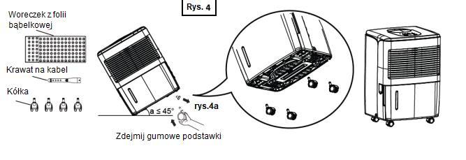 Wyjmij kółka i kabel z woreczka 5. Przechyl osuszacz o 45. Zdejmij gumowe podstawki z dołu urządzenia.